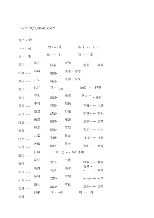 二年级语文复习近义词和反义词表
