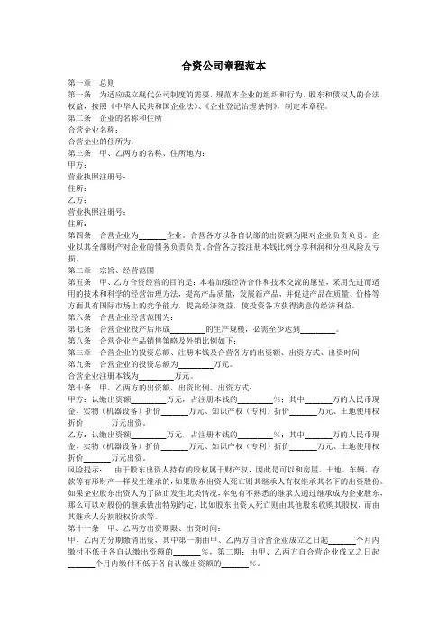 合资公司章程范本