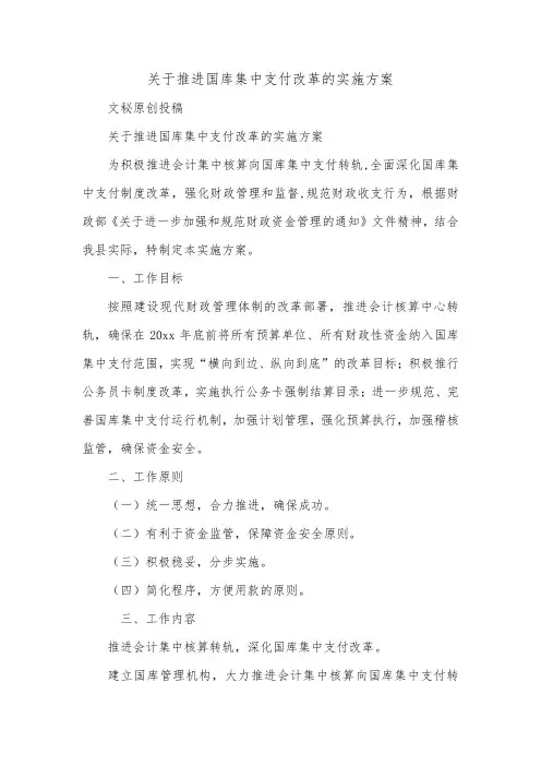 关于推进国库集中支付改革的实施方案_0.doc