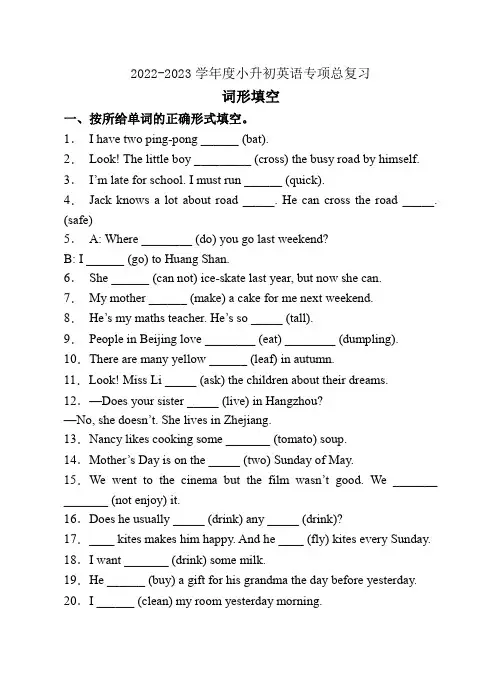 2022-2023学年度小升初英语总复习-词形填空(湘少版三起)