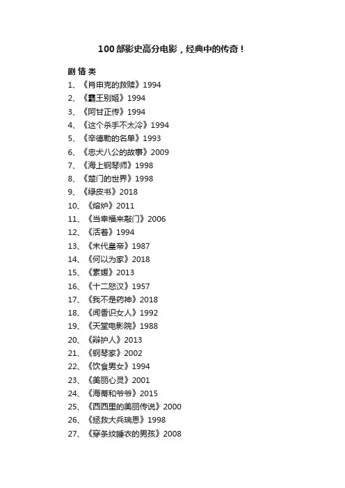 100部影史高分电影，经典中的传奇！
