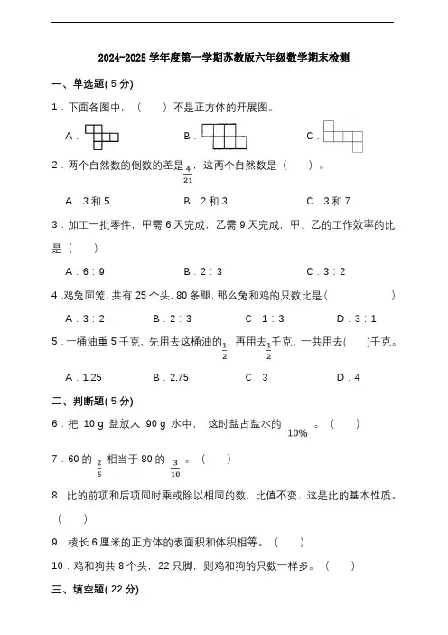 期末复习试题(试题)-2024-2025学年六年级上册数学 苏教版