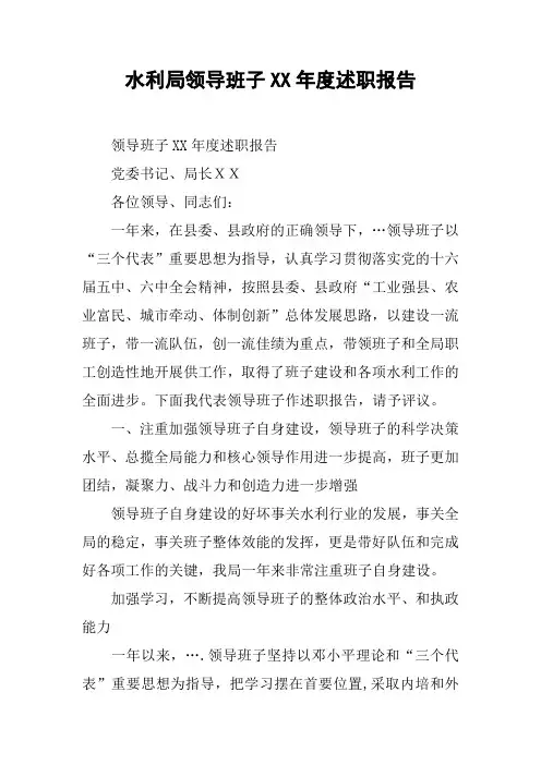 水利局领导班子XX年度述职报告