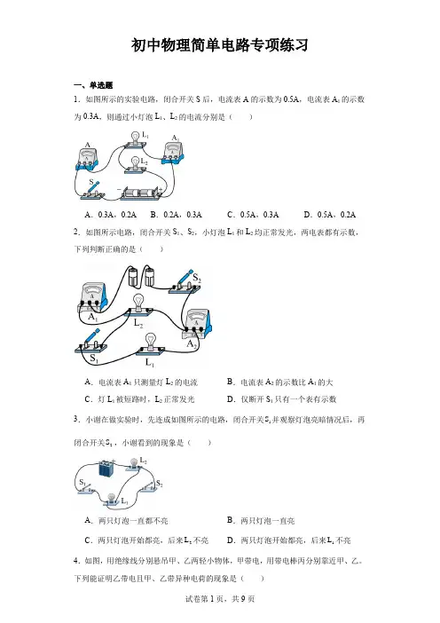 初中物理简单电路专项练习