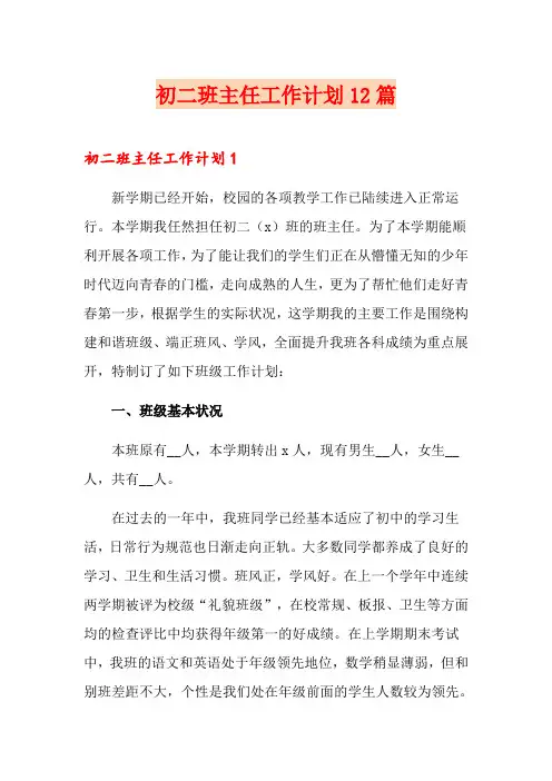初二班主任工作计划12篇