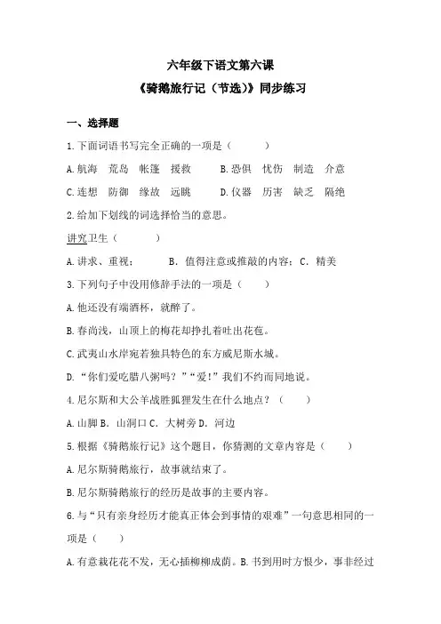 六年级下语文第六课《骑鹅旅行记(节选》同步练习 含答案 人教统编版