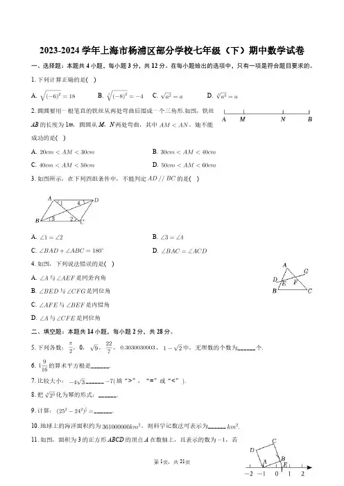 2023-2024学年上海市杨浦区部分学校七年级(下)期中数学试卷+答案解析