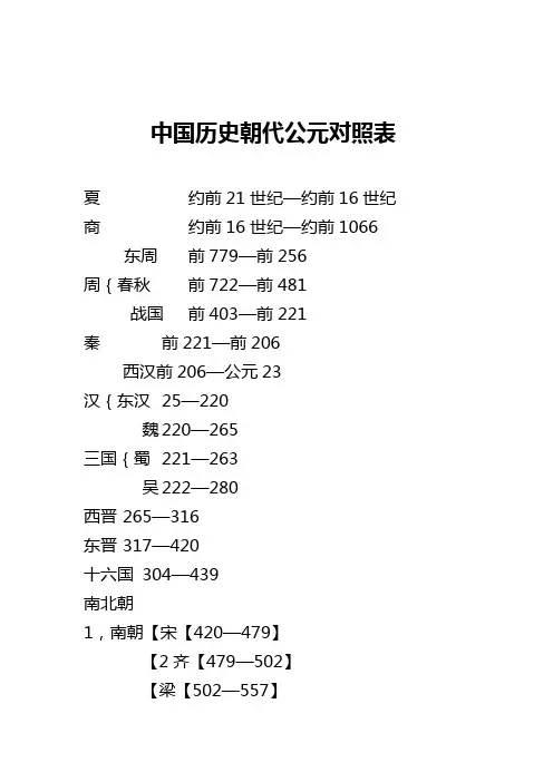 中国历史朝代公元对照表