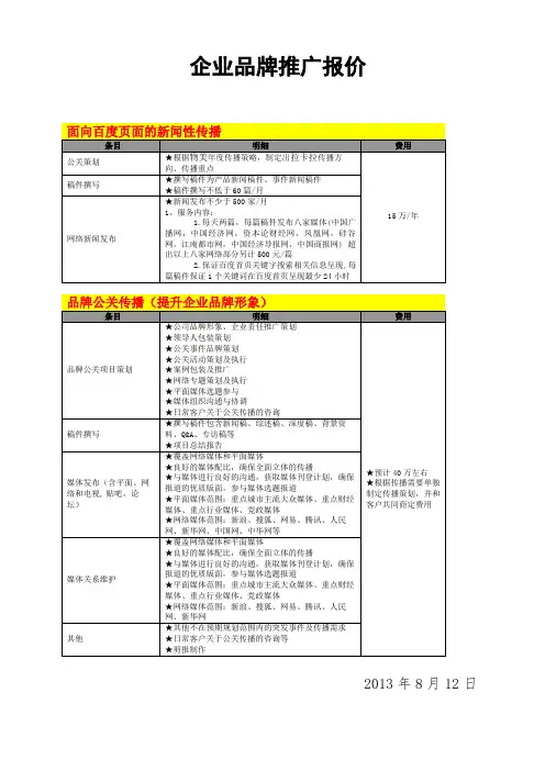 公关报价表