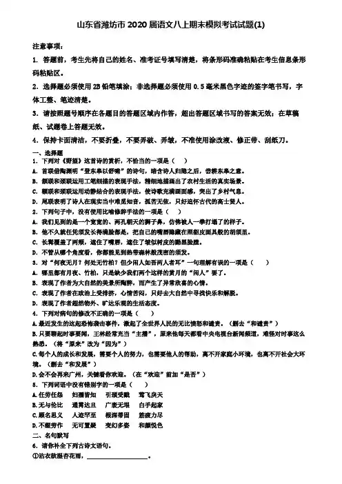 山东省潍坊市2020届语文八上期末模拟考试试题(1)