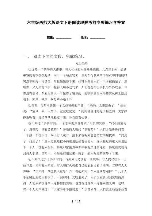 六年级西师大版语文下册阅读理解考前专项练习含答案