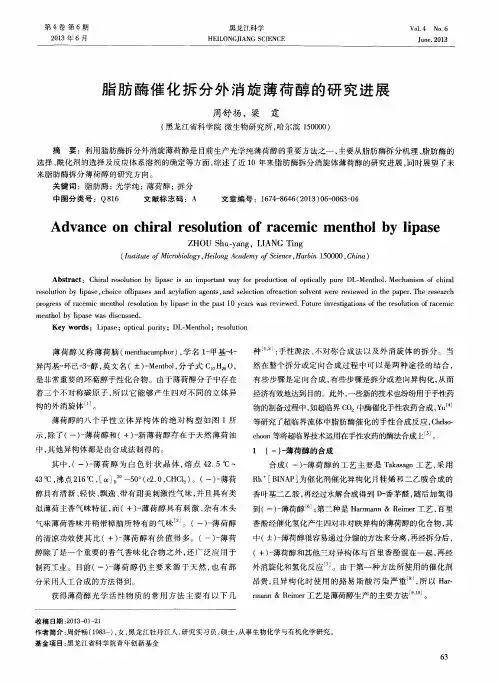 脂肪酶催化拆分外消旋薄荷醇的研究进展