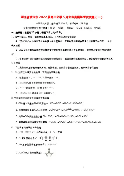 湖北省武汉市2022届高三化学5月全仿真模拟考试试题(一)