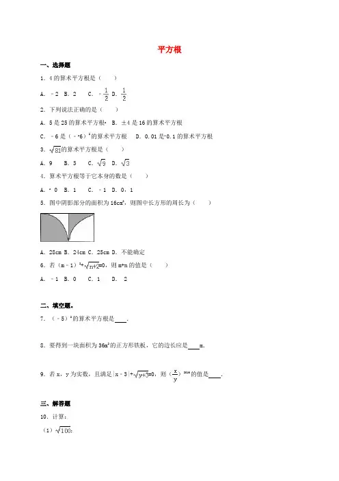 四川省雅安市2016届中考数学模拟测试试题(平方根)(无答案)