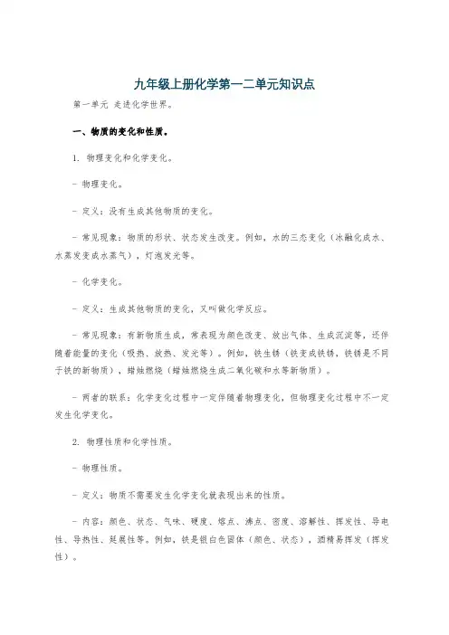 九年级上册化学第一二单元知识点