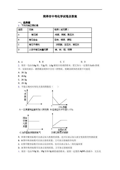 菏泽市中考化学试卷及答案