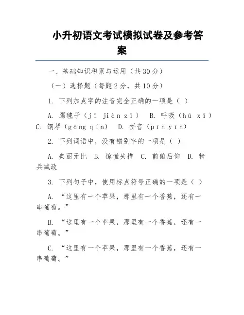 小升初语文考试模拟试卷及参考答案