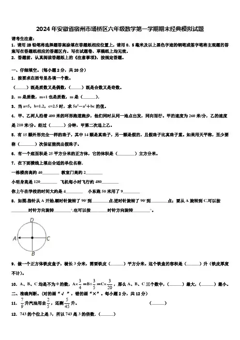 2024年安徽省宿州市埇桥区六年级数学第一学期期末经典模拟试题含解析