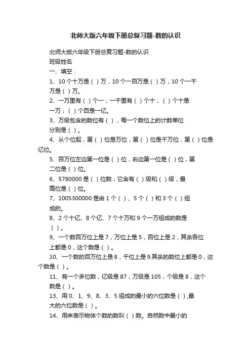北师大版六年级下册总复习题-数的认识