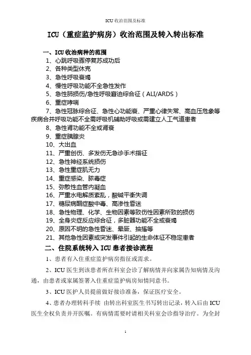 ICU收治范围及标准