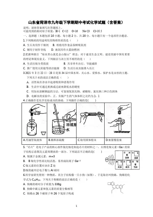 山东省菏泽市九年级下学期期中考试化学试题(含答案)
