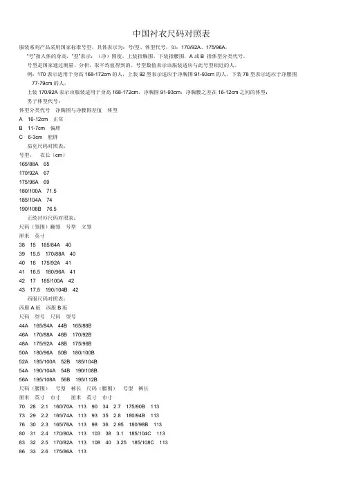 中国衬衣尺码对照表