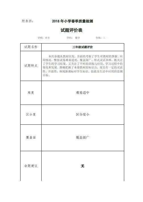 三年级数学试卷分析、评价表