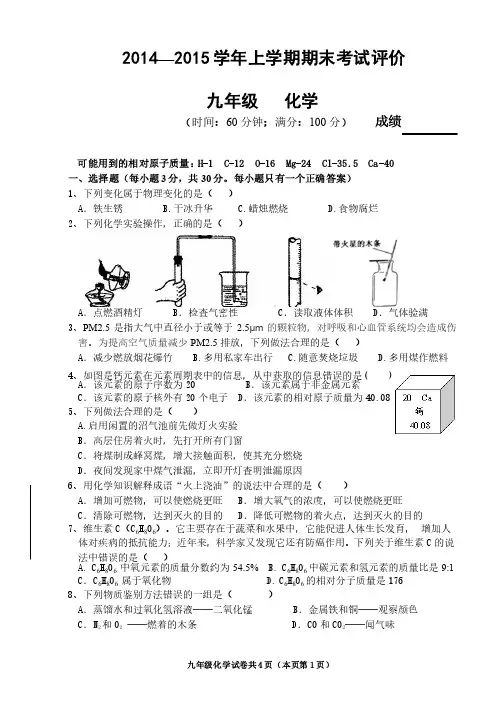 人教版2014—2015学年九年级上学期期末考试评价及答案——化学