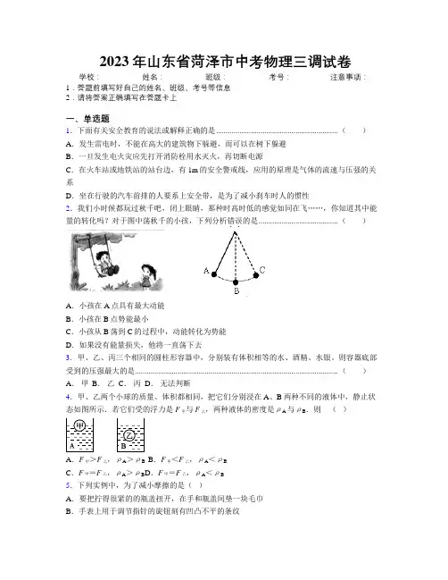 2023年山东省菏泽市中考物理三调试卷及解析