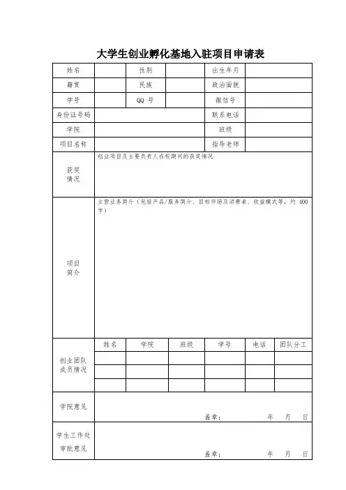 大学生创业孵化基地入驻项目申请表