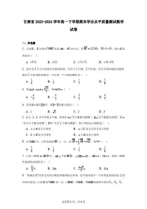 甘肃省2023-2024学年高一下学期期末学业水平质量测试数学试卷