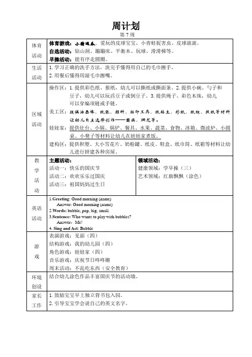 幼儿园班级周计划第7周