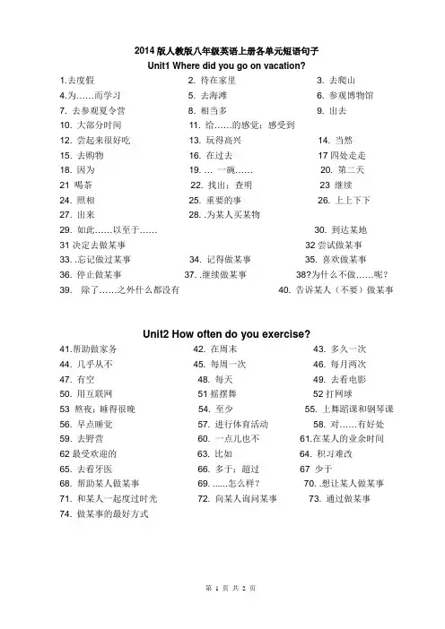 2016-2017版人教版八年级英语上册各单元短语句子默写版