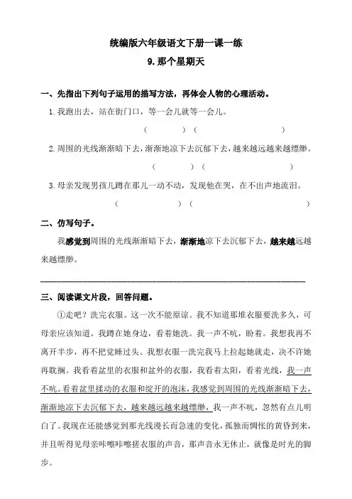 2020部编版六年级语文下册：人教语文-9那个星期天练习题(含答案) (2)