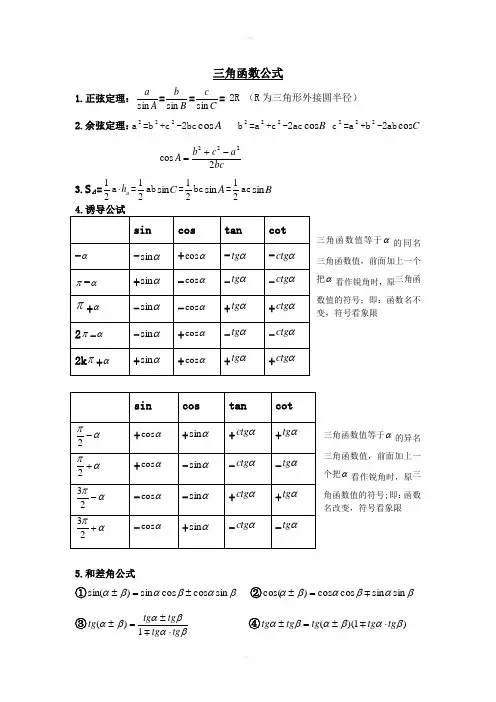 高中文科数学常用三角函数公式大全