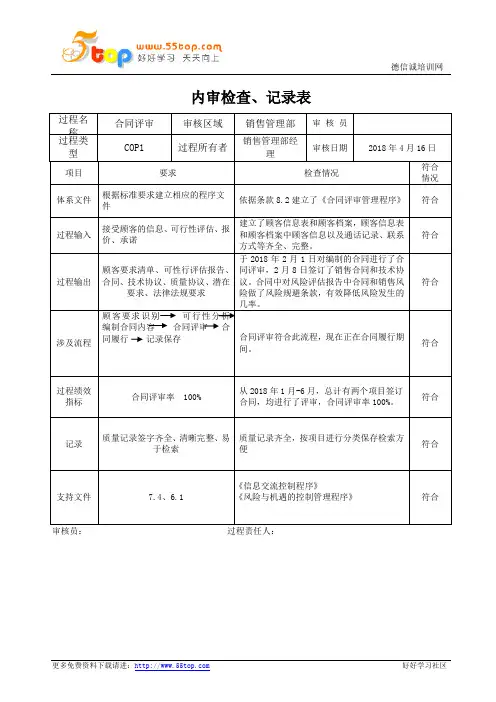 合同评审过程内审检查表