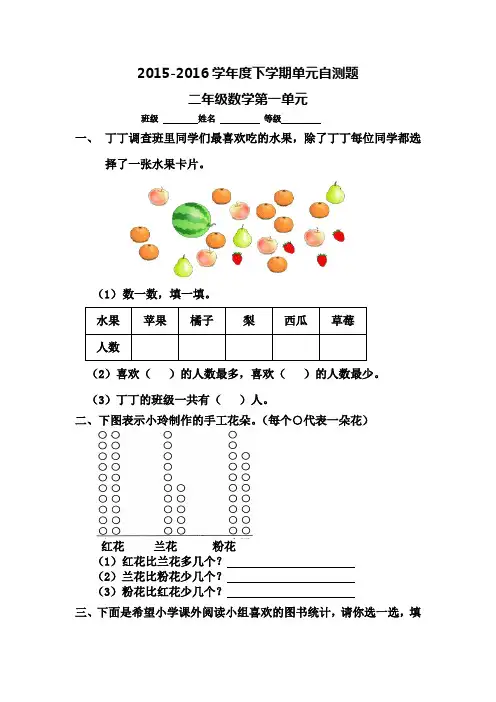 2016-2017年最新人教版二年级数学下册全册单元试题(含期中及期末测试卷)