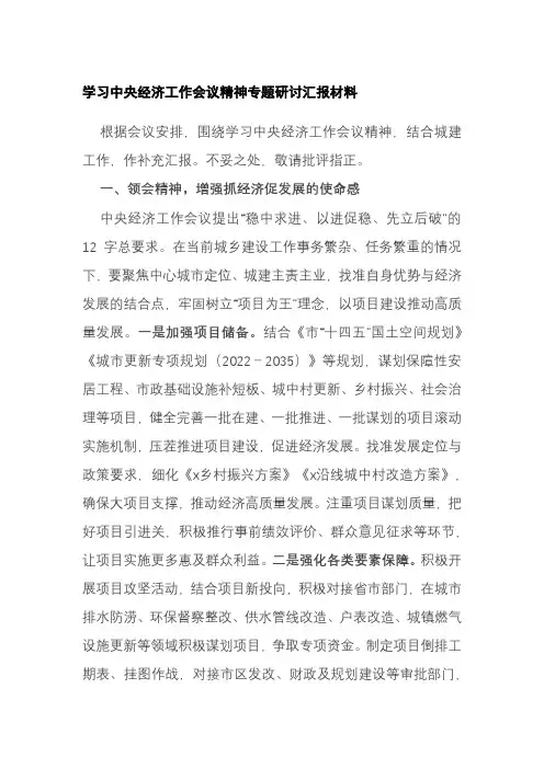 学习中央经济工作会议精神专题研讨汇报材料 