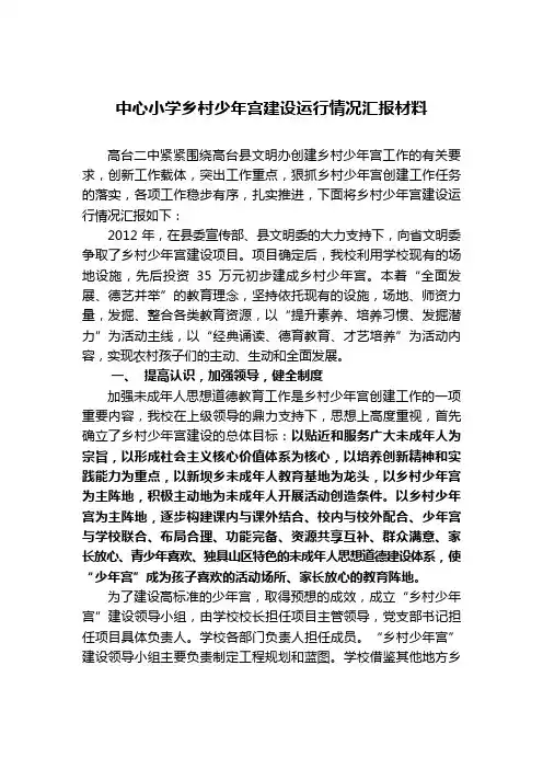 中心小学乡村少年宫建设运行情况汇报材料工作总结
