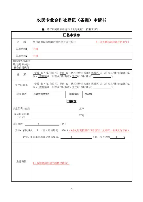 合作社设立登记填写模板