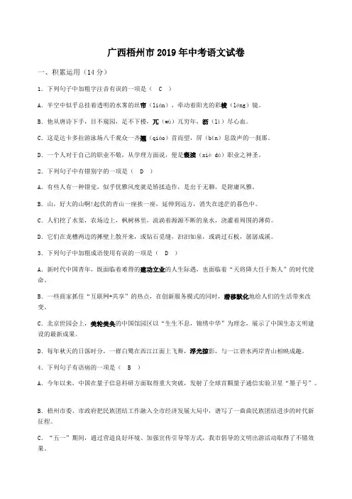 2019年广西梧州市中考语文试题(含答案)
