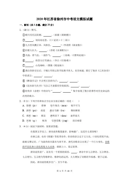 2020年江苏省徐州市中考语文模拟试题及答案解析