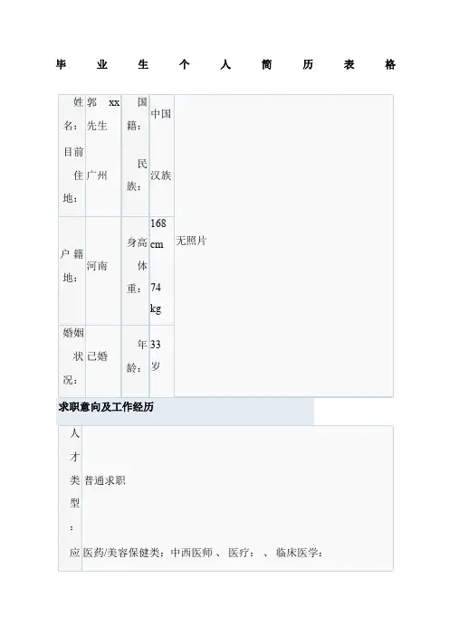 毕业生个人简历表格