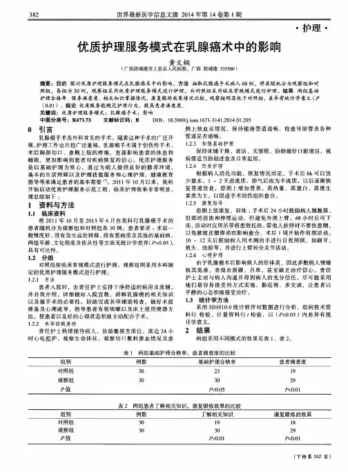 优质护理服务模式在乳腺癌术中的影响