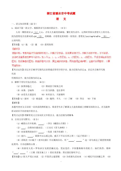 2019-2020学年浙江省丽水市中考语文模拟试题(含解析)