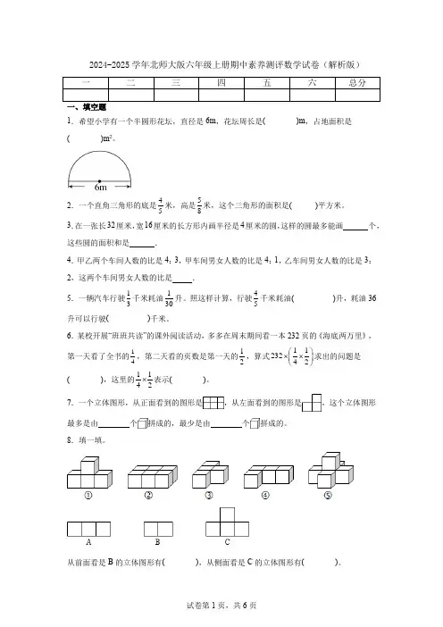 2024-2025学年北师大版六年级上册期中素养测评数学试卷(解析版)