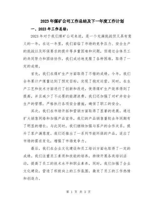 2023年煤矿公司工作总结及下一年度工作计划