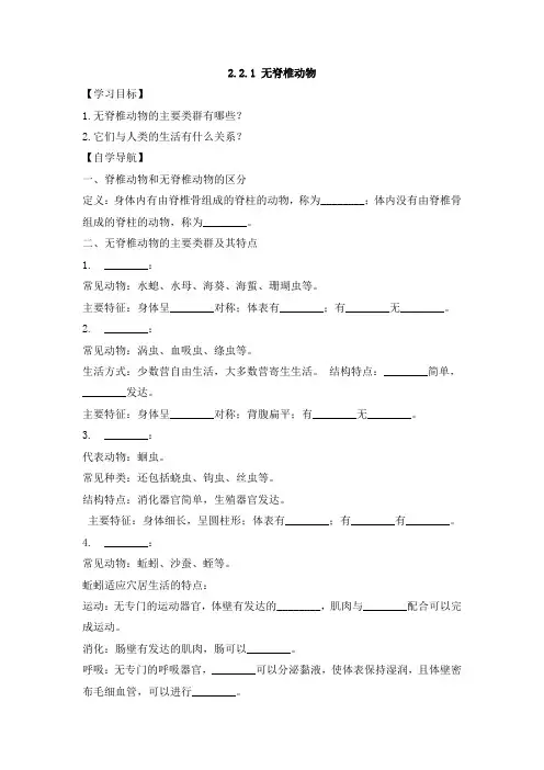 人教版(2024新板)七年级生物上册第二单元第二章第一节《无脊椎动物》每课一练