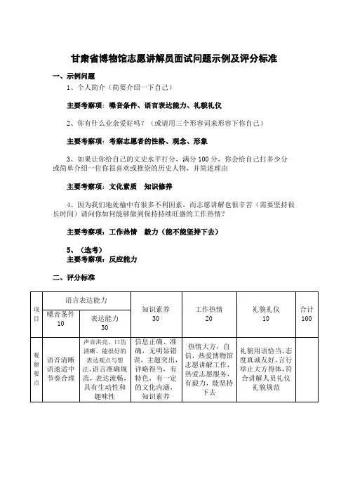 甘肃省博物馆志愿讲解员面试问题示例及评分细则