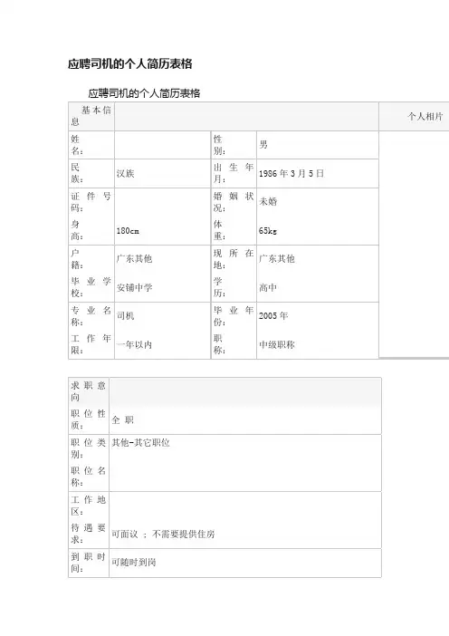 应聘司机的个人简历表格
